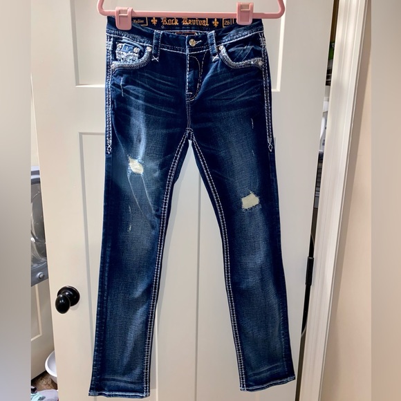 ROCK REVIVAL BELISS EASY STRAIGHT SEQUIN METALLIC STITCH FAUX FLAP JEANS 26 - Picture 3 of 9